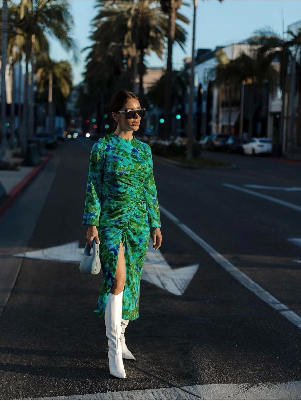 Zara Green and Blue Floral Midi Dress with Front Slit